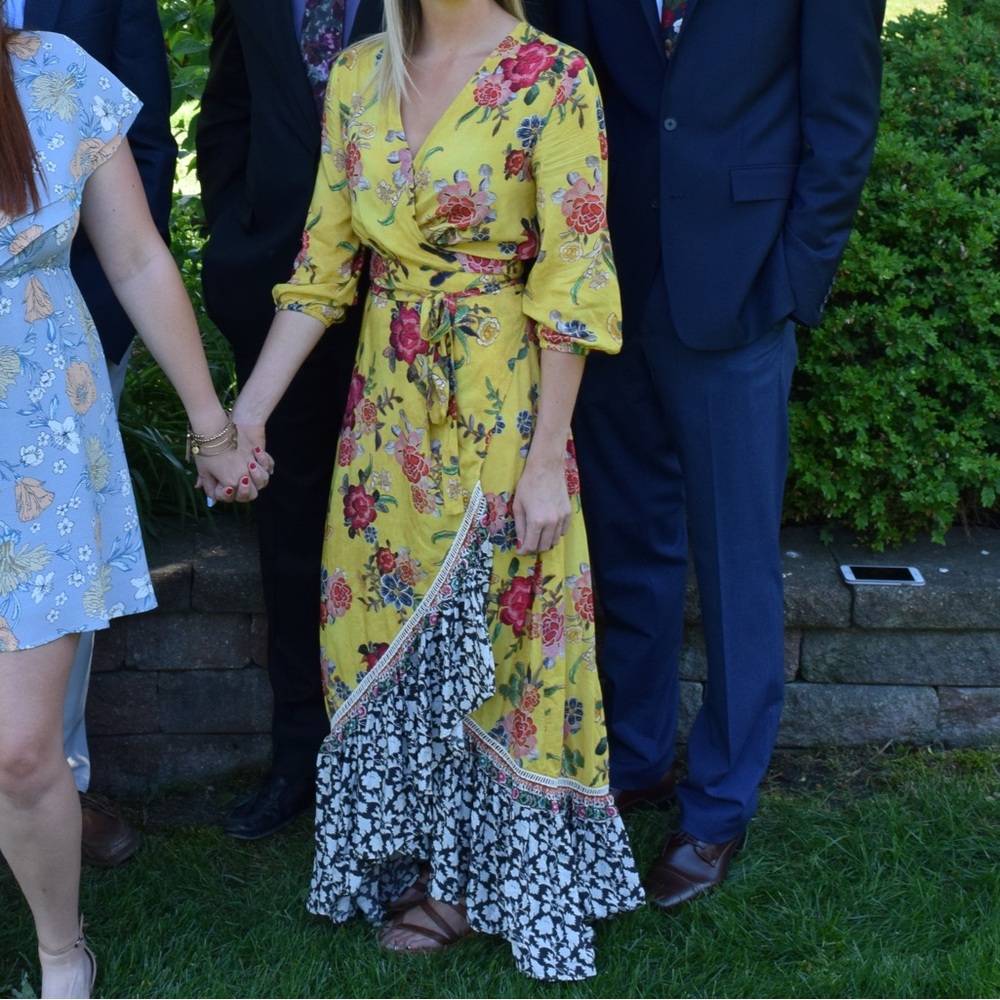 FARM Rio Blue and Yellow Wrap Sundress with Bishop Sleeves